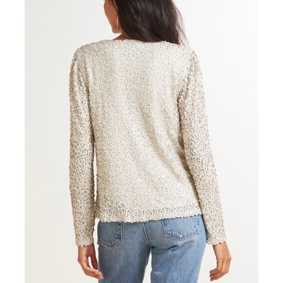 Allison Joy Medium M Light Gray Nina Matte Sequin V Neck Long Sleeve Blouse Top - Picture 11 of 11